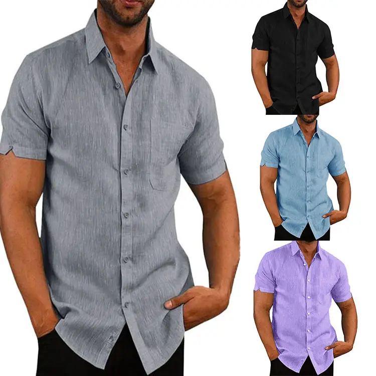 Camisas de gola virada para baixo manga curta masculina Casual Loose Linho Blusa Tops Peito Bolso Design Camisa t-shirt uomo