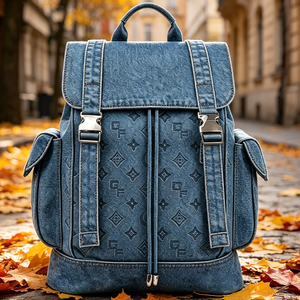 Zaino in Denim <span class=keywords><strong>Blu</strong></span> con Monogramma per Donne, Multitasche con Chiusura a Coulisse, Stile Vintage per Scuola e Attività all'Aperto - Product Image 1