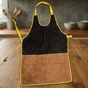 Bib <b>Apron</b> Black and Brown Leather With Yellow Trim Durable <b>For</b> <b>Cooking</b> Daily Use - Product Image 4
