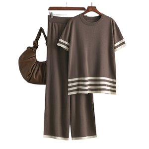 Women's Casual Summer High Waist Slim 2-Piece <b>Knitting</b> Pants Set <b>Short</b> <b>Sleeve</b> Knitwear <b>Top</b> Contrast Stripe-Comfortable Stylish - Product Image 4