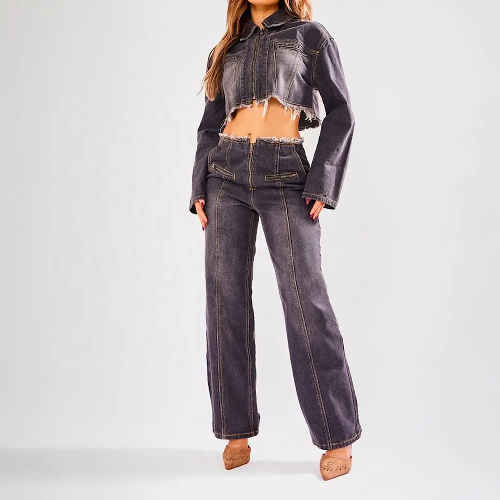 Conjunto de 2 piezas de Jean con logotipo personalizado GDTEX, conjunto de jeans para mujer, conjunto de jeans y chaqueta de pierna recta para mujer