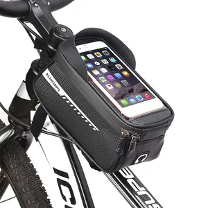 Bolsa de tubo superior PU pantalla táctil de cuero impermeable bicicleta bolsa de sillín con soporte para teléfono celular