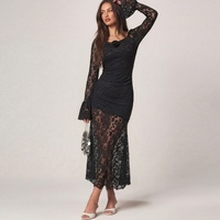 Nouvelle Robe Longue Élégante en Dentelle à Taille Naturelle Printemps-Été 2026, Manches Longues, Moulante, Noire, Sexy, pour Soirée