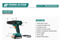 Perceuse-visseuse sans fil Power Action CD2100T 21V, couple de 45 N.m, batterie au lithium 2,0 Ah, 2 vitesses, mandrin sans clé 0,8-10 mm, perceuse électrique
