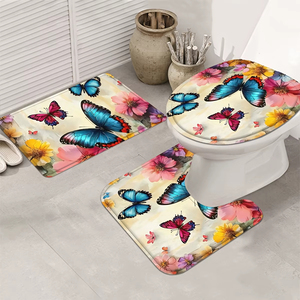Set da Bagno 4 Pezzi con <span class=keywords><strong>Tenda</strong></span> Doccia Floreale Vivace, <span class=keywords><strong>Farfalle</strong></span> Colorate e Fiori in Fiore, Tappetino da Bagno Incluso - Product Image 3