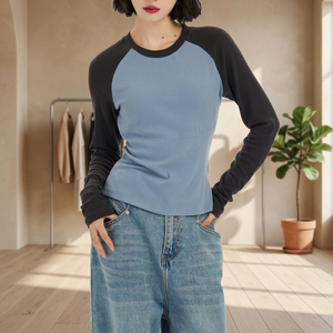 Nouveau T-shirt court respirant pour femme, coupe ajustée, à manches longues, bicolore, avec blocs de couleur contrastés, style vintage d'été, personnalisable avec logo - Product Image 3