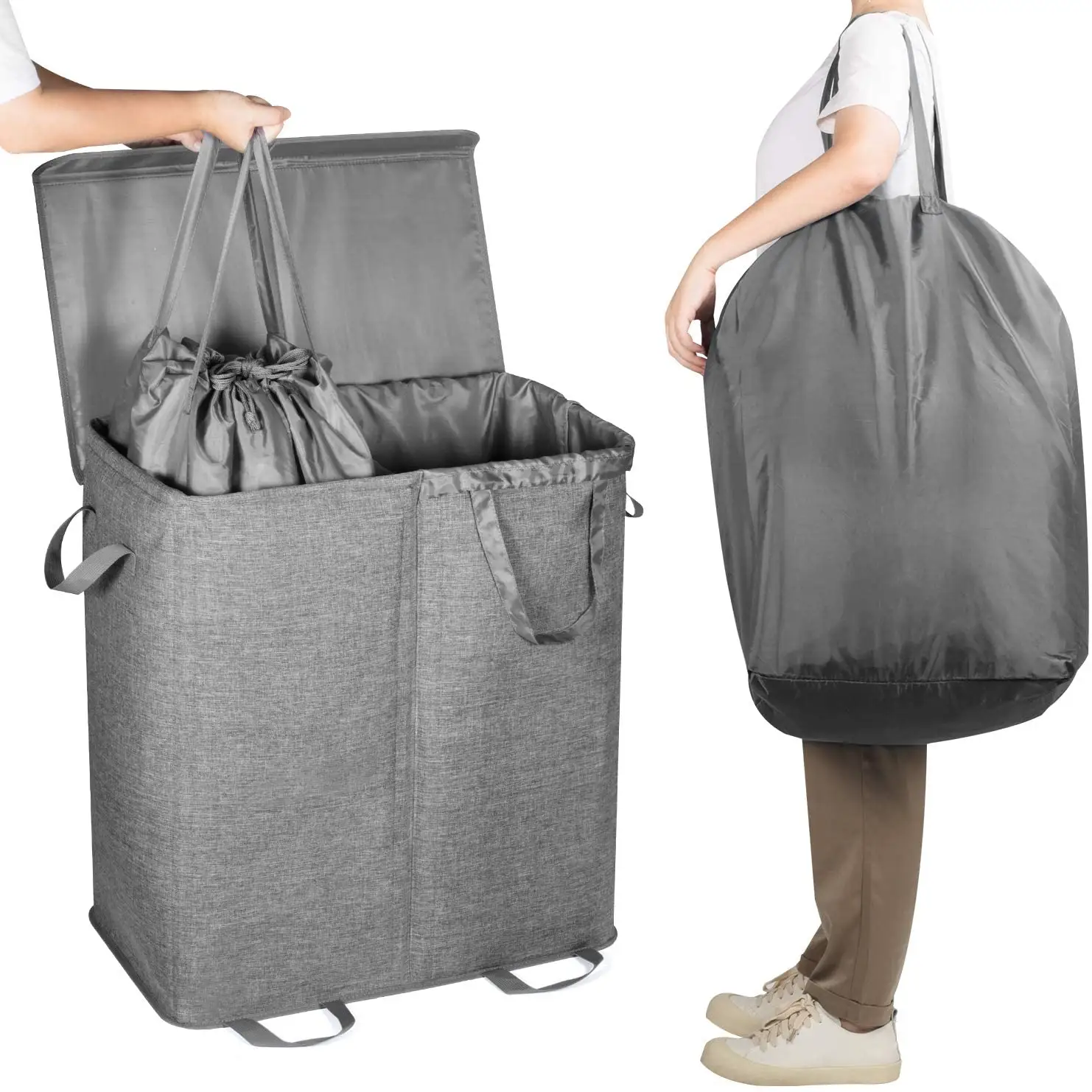 Doppelte Wäsche korb Taschen Große zusammen klappbare 2 Teiler Schmutzige Kleidung Wäsche korb mit Deckel und abnehmbar