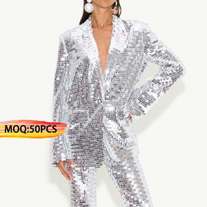 Personalización Casual a juego Silver Mirror Sequin Blazer Chaqueta Pantalones largos Pantalones 2 piezas Conjuntos de mujer - Product Image 1
