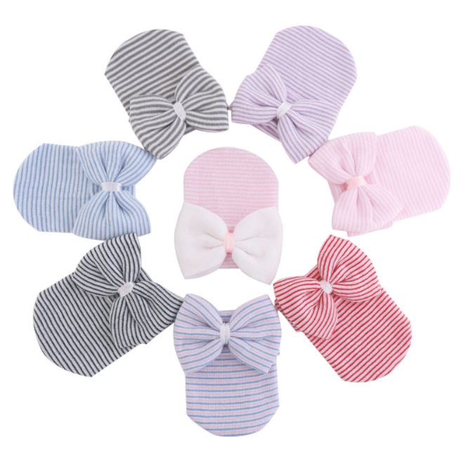 Unisex Newborn Baby Girls Boys Knit Bow Hats Caps Infant Toddler Cute Stripe Hats