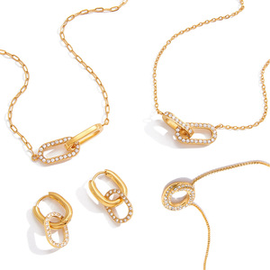 Geometric Double <b>Ring</b> Pendant Necklace 18K <b>Gold</b> Plated White Zircon Bezel Setting Everyday Wear Fine Jewelry <b>Set</b> - Product Image 5