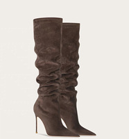 Bottes hautes marron pour femmes, à bout pointu, talon aiguille fin, en faux daim, chaussures de soirée tendance pour dames