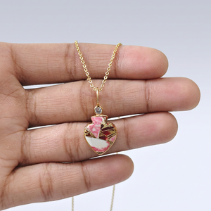Trendy Jewelry Spade Shape Gemstone Pendant Necklace with Tiny CZ Accents 18k Gold Plated Bezel Setting Cable <b>Chain</b> Necklace - Product Image 2