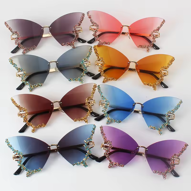 2024 Luxury Dragonfly Butterfly Rimless Women Sunglasses with UV400 PC Lenses Blue/Gray/Yellow Frame Colors