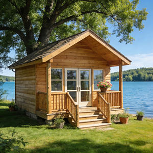 Cabane en bois rustique préfabriquée, prête à être habillée, avec vue sur le lac, <span class=keywords><strong>chalet</strong></span> avec fenêtres panoramiques et lucarne - Product Image 1