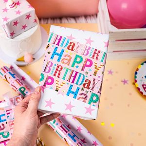 Pink Birthday Wrapping Paper Roll 17in x 16.5ft Double Sided Colorful Letters Stars Reversible Gift <b>Wrap</b> - Product Image 6