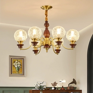 Massiver Kupfer-Kronleuchter im Französischen Vintage-Stil, Retro Amerikanischer LED-Deckenleuchter, Einfache Installation, Walnuss-Akzente für Wohnzimmer - Product Image 3