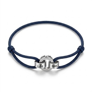 Adjustable Navy Cord Bracelet With Engraved Silver <b>Rings</b> Custom Engraved <b>Name</b> Classic Minimalist Unisex Jewelry Gift - Product Image 1