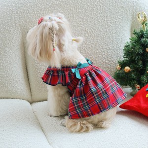 Pet Christmas Dress Plaid Skirt With <b>Bow</b> For Small Dogs <b>Red</b> And Navy Blue Polyester Four Seasons Wear - Product Image 2
