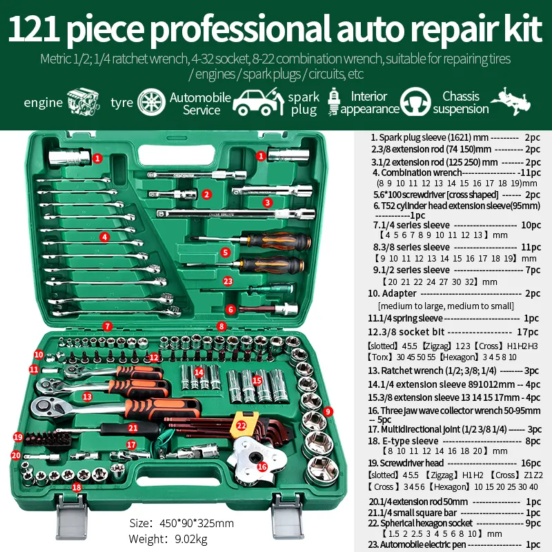 121pcs Professional Mechanic Socket Wrench Hand Tools Set Tool Box Kit Household Hardware Vehicle Auto Repair Set