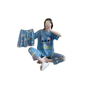 앤지 스티치 코튼 잠옷 여성 셔츠 반바지 3 조각 정장 얇은 섹션 캐주얼 홈 착용