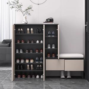 <span class=keywords><strong>Meuble</strong></span> à chaussures d'entrée en bois massif avec tabouret mural intégré, design moderne et minimaliste, rangement multifonctionnel - Product Image 3