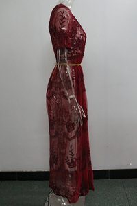 Exy-vestido de encaje transparente Borgoña para mujer, vestido largo elegante de cintura alta con cuello en V para Navidad - Product Image 3