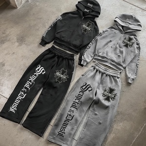 Ensemble survêtement unisexe en coton premium, pantalon de jogging et sweat à capuche surdimensionnés, avec logo personnalisé imprimé, pour hommes - Product Image 2