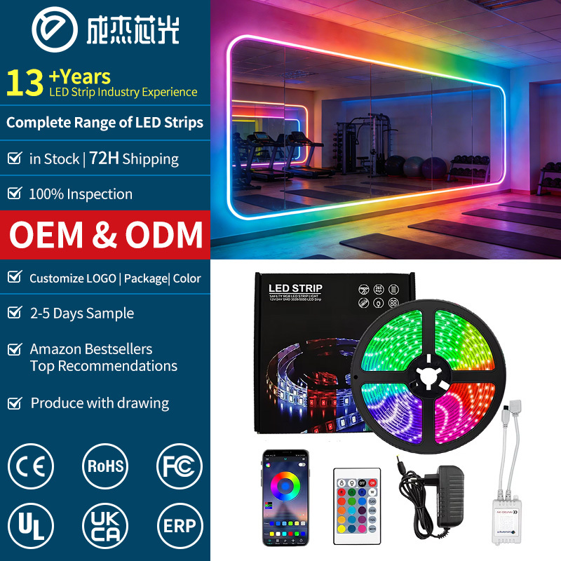 5050 RGB Copper LED Strip 18 LEDs/M for Music Sync 24-Key Remote & APP Control for Warehouse