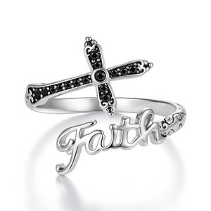 Faith Cross <b>Ring</b> Silver Plated <b>Black</b> <b>Onyx</b> Micro Pave Religious Jewelry Unisex Daily Wear Gift - Product Image 1