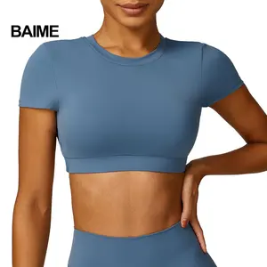 New Women Short Sleeve Soft Compression Open Back Cropped Top Yoga T Shirt Outdoor Running Top