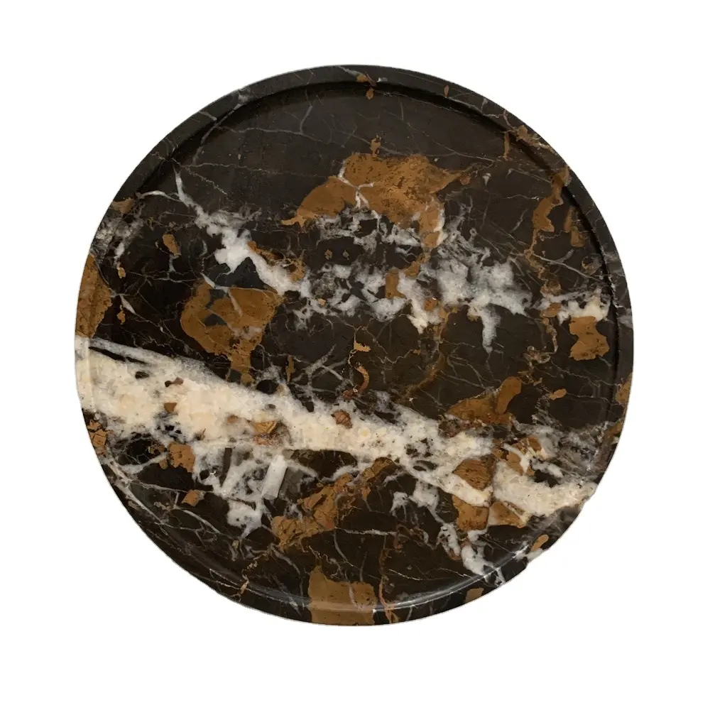 Vassoio espositore e piatto per la cena in pietra di marmo nero e oro levigato