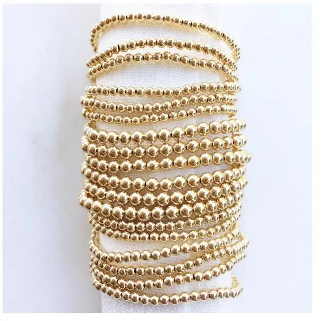 Cordão elástico de aço inoxidável, venda quente de bracelete de frisado dourado e prateado para mulheres, pequeno, 4mm, bracelete com miçangas douradas