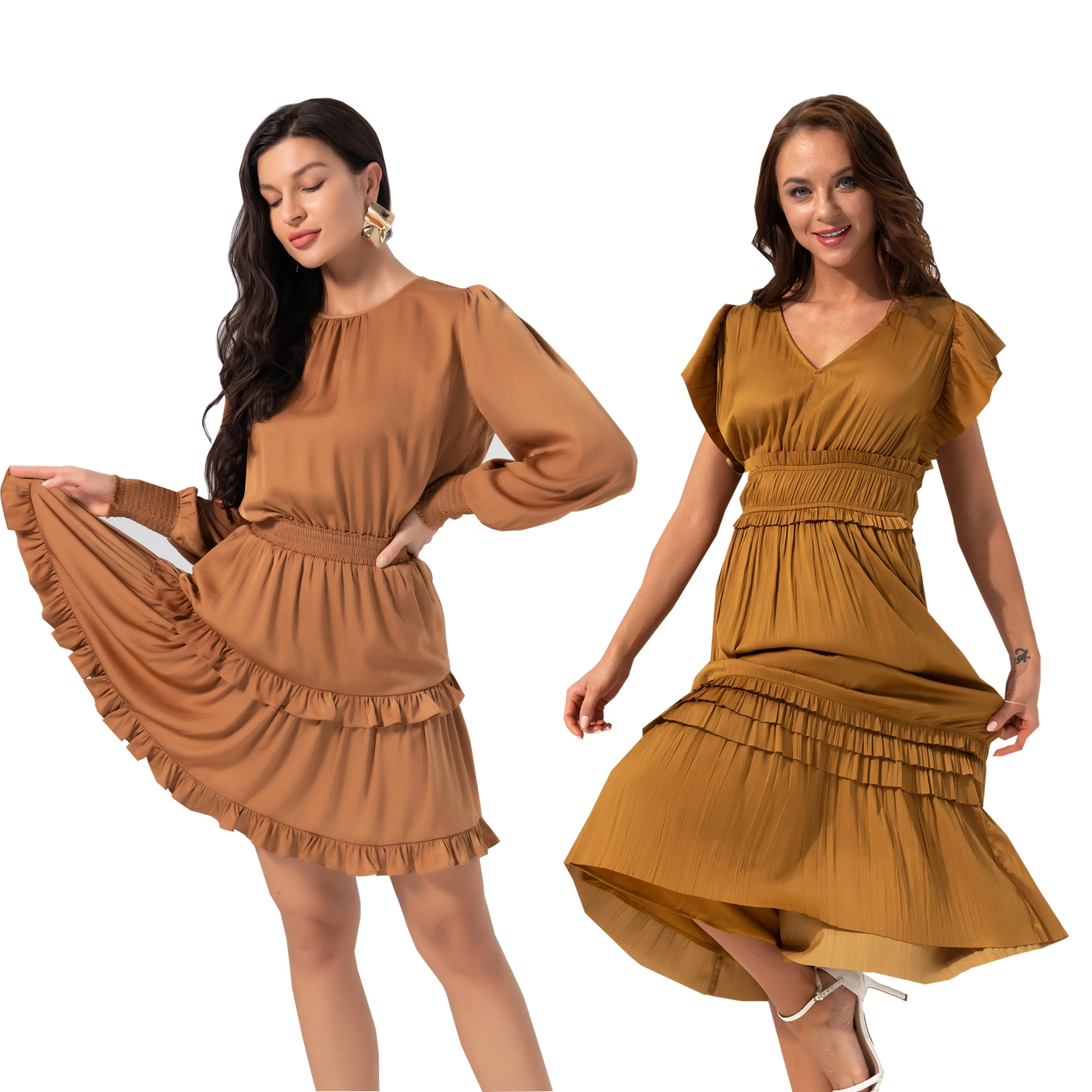 Long Sleeve Smocked Cuff Tiered A Line Long Women V-neck Elegant Casual Pleated Silk Satin Summer Maxi Party Dress Ladies Dress