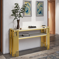 Table console rectangulaire moderne avec base en acier inoxydable doré et plateau en verre pour salon, salle à manger, entrée, hôtel, hall, bureau