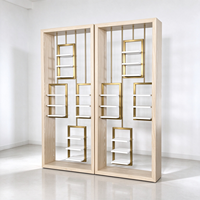 Présentoir à lunettes en bois de chêne clair avec étagères suspendues dorées et panneaux blancs, autoportant, certifié CE ETL pour magasin d'optique
