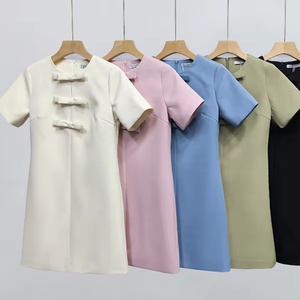 Wholesale Customized OEM ODM High Quality Autumn Natural Waist Midi Length Solid Color O-Neck Short Sleeve Casual <b>Dresses</b> - Product Image 1