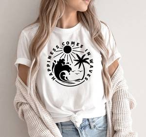 Camiseta OEM ODM Happiness Comes In Waves, Camiseta con Estampado de Olas, Camiseta para Vacaciones de Verano, Camiseta de Playa y Mar, Camiseta de Verano Personalizada 2023, Camiseta para Amigos - Product Image 2