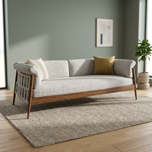 Midcentury Modern Three Seat <b>Sofa</b> With Wooden Frame Fabric Upholstery Rolled Arms Loose Back Living Room Furniture - Product Image 3