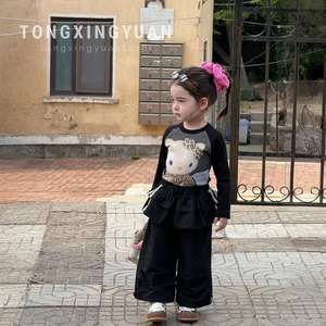 Girls Autumn Outfit 2025 Korean Style Long Sleeve Cartoon T Shirt With Butt Curtain Cargo Pants Two Piece Set - Product Image 1