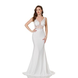 V-Neck Mermaid Wedding Dress White Backless Embroidered Slim Waist Elegant Gown - Product Image 5