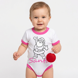 Lindo Body de Manga Corta para Bebé Niña, Color Blanco con Ribete Rosa, Estampado de Santa Claus, con Apliques Decorativos, Mono de Invierno para Bebé - Product Image 1