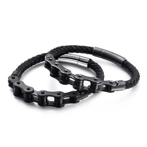 Pulsera de cuero con cadena de bicicleta de acero inoxidable, diseño geométrico en blanco y negro para motocicleta, joyería de moda - Product Image 2