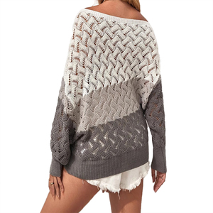 Suéter de Manga Larga con Bloques de Color y Diseño Calado Transpirable, Suéter Versátil con Cuello Redondo, Top Delgado y Moderno para Mujer para Primavera y Otoño - Product Image 6