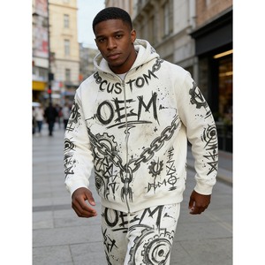 Ensemble deux pièces pour homme, sweat à capuche blanc à fermeture éclair, coupe ample, 400 GSM, impression numérique personnalisée OEM - Product Image 3