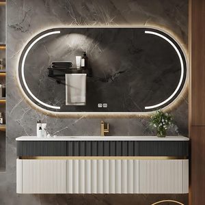 Mueble <span class=keywords><strong>de</strong></span> <span class=keywords><strong>Baño</strong></span> Moderno <span class=keywords><strong>de</strong></span> Lujo en Blanco y Negro, Montado en la Pared, con Cinco Cajones, Lavabo Integrado y Espejo Ovalado con Iluminación LED Inteligente - Product Image 1
