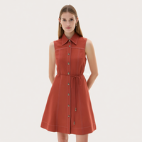 Robe midi décontractée évasée en terracotta sans manches avec col chemise, boutons sur le devant et ceinture à nouer, personnalisable pour femme, vente en gros