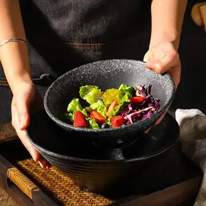 Japanese Rustic Style Black Ceramic Soup Bowls Round Bowl Restaurant Stoneware Ramen Noddle Bowl