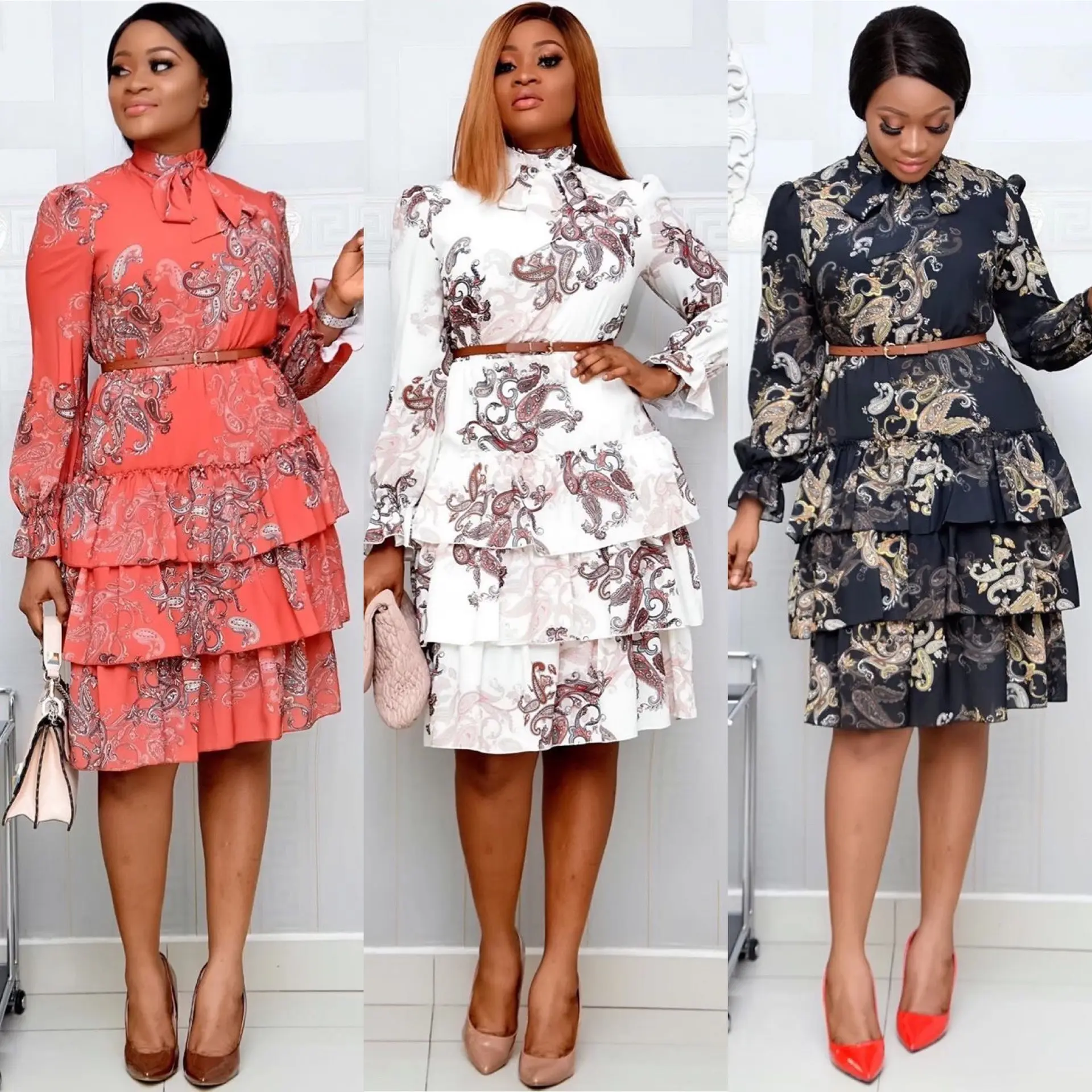 Floral Bow Casual Dresses Ladies Layered Women African Dresses Lovely Sweet Cake Lady Office Career Dress