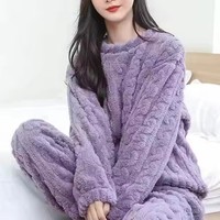 I-0509 femmes décontracté flanelle polaire pyjamas à manches longues col rond couleur unie Offre Spéciale épaissi hiver maison porter deux pièces ensemble