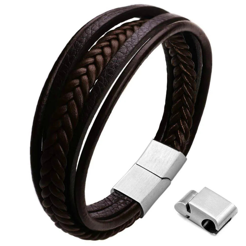 Micci Groothandel Custom Lederen Armband Met Roestvrij Staal Magnetische Heren Gevlochten Touw Wrap Meerlagige Lederen Armband Voor Mannen